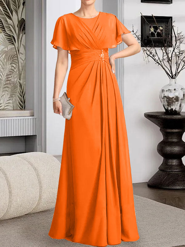 Vestido de gasa para madre de la novia con corte en A, escote redondo y largo hasta el suelo, con cuentas plisadas