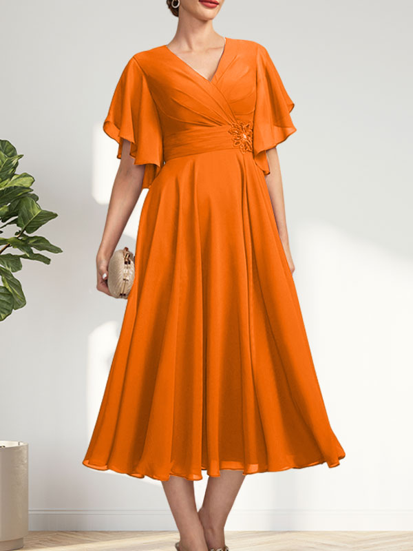 A-line V-Neck Tea-Length Chiffon Mother of the Bride Dress With Pleated Beading