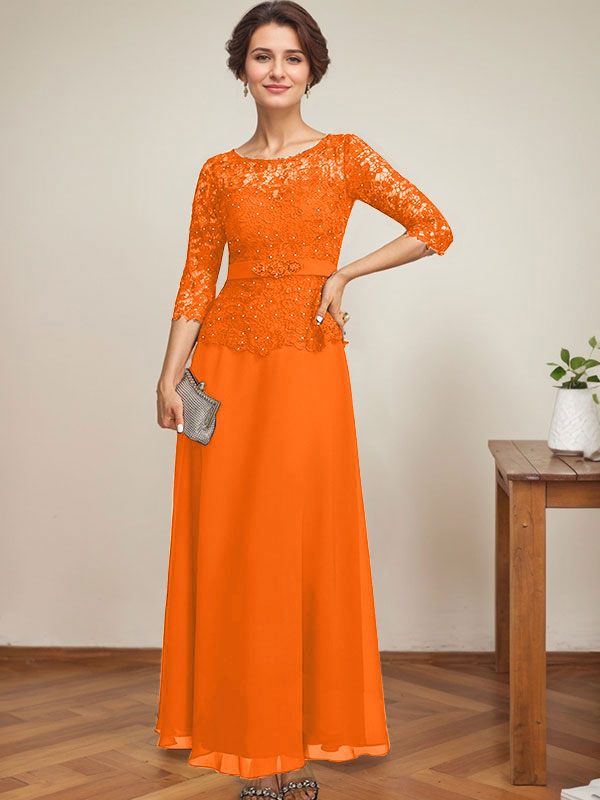Vestido de gasa con encaje y escote en A, ilusión, largo hasta los tobillos, para madre de la novia con cuentas de diamantes de imitación