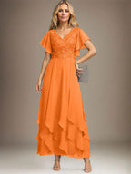 Vestido de gasa con encaje y escote en V hasta los tobillos para madre de la novia con volantes en cascada
