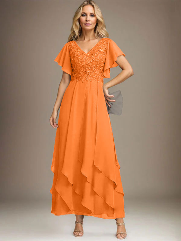 Vestido de gasa con encaje y escote en V hasta los tobillos para madre de la novia con volantes en cascada