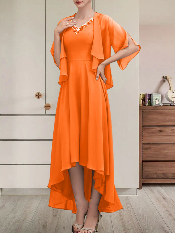 A-Linien-Kleid mit V-Ausschnitt, asymmetrischem Chiffon für die Brautmutter mit Perlen und Pailletten