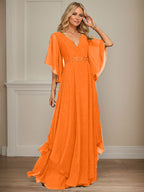 Vestido de gasa para madre de la novia, corte A, escote en V, largo hasta el suelo, con apliques de lentejuelas, encaje y abalorios