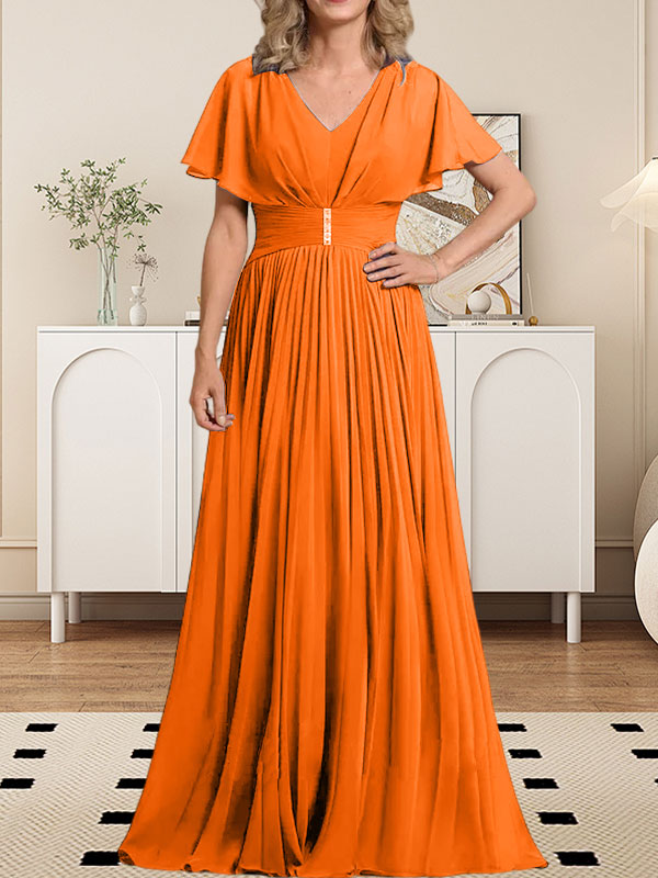 Vestido de gasa para madre de la novia, corte A, escote en V, largo hasta el suelo, con broche de cristal y plisado