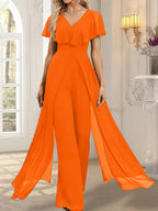 Vestido de noche de gasa con escote en V y largo hasta el suelo, tipo mono/pantalón
