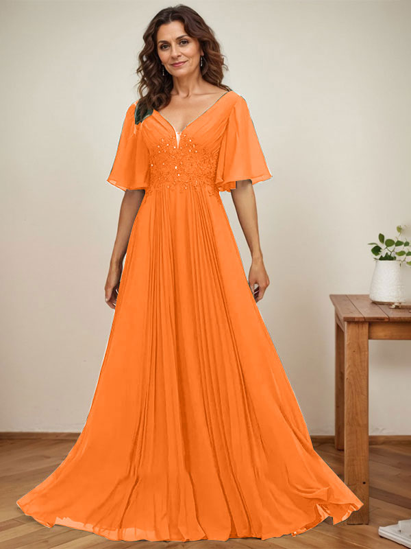 Vestido de gasa para madre de la novia, corte A, escote en V, largo hasta el suelo, con apliques de lentejuelas y encaje plisado