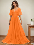 Vestido de gasa para madre de la novia, corte A, escote en V, largo hasta el suelo, con apliques de lentejuelas y encaje plisado
