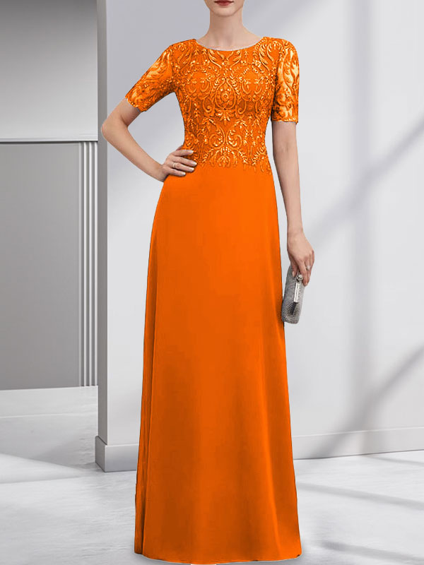 Vestido de gasa con encaje y lentejuelas para madre de la novia, corte A, largo hasta el suelo
