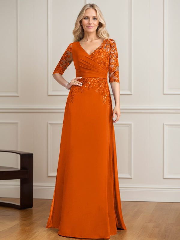 Vestido de madre de la novia de gasa con encaje, escote en V y lentejuelas plisadas hasta el suelo