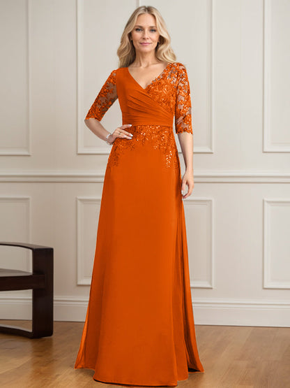 A-Linien-Kleid mit V-Ausschnitt, bodenlangem Spitzenchiffon und plissierten Pailletten 