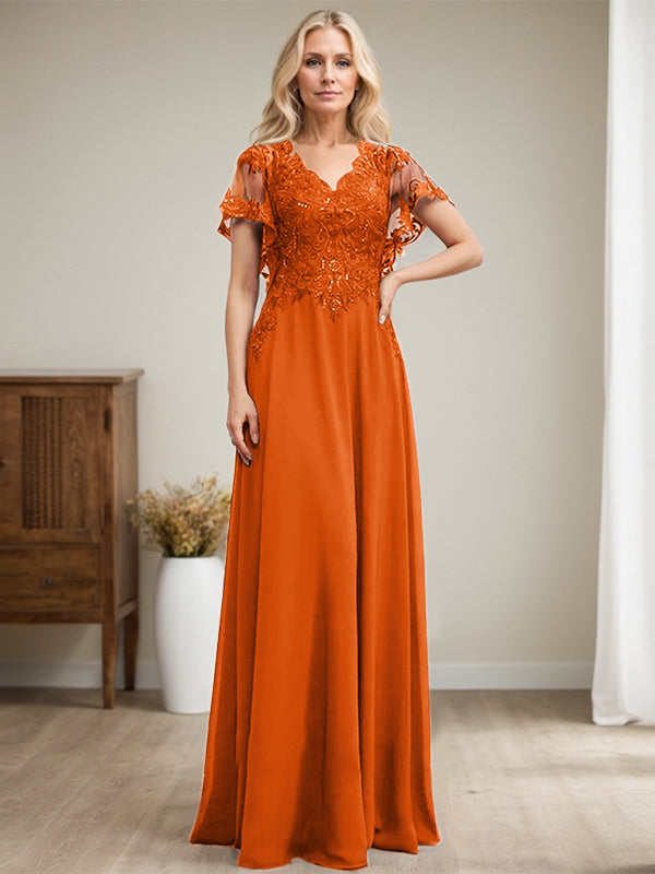 Vestido de madre de la novia de gasa con encaje, escote en V y lentejuelas, largo hasta el suelo