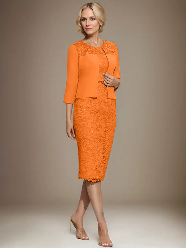 Vestido de gasa con encaje y cuentas para madre de la novia, largo hasta la rodilla, con escote redondo y corte columna