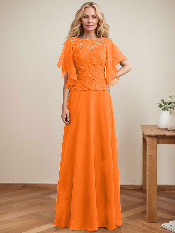 Vestido de gasa con encaje y lentejuelas para madre de la novia, corte A, escote ilusión, largo hasta el suelo