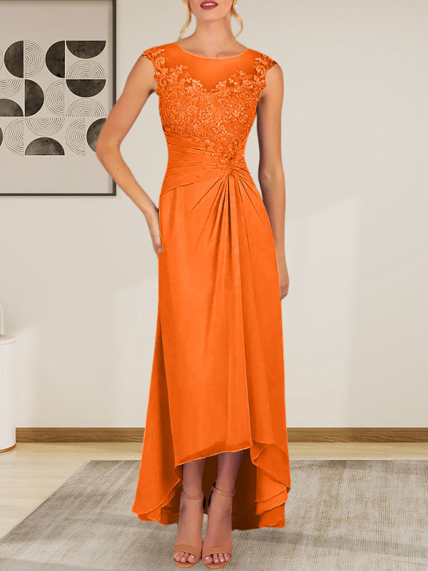 Vestido de gasa con encaje y escote redondo en forma de A color champán