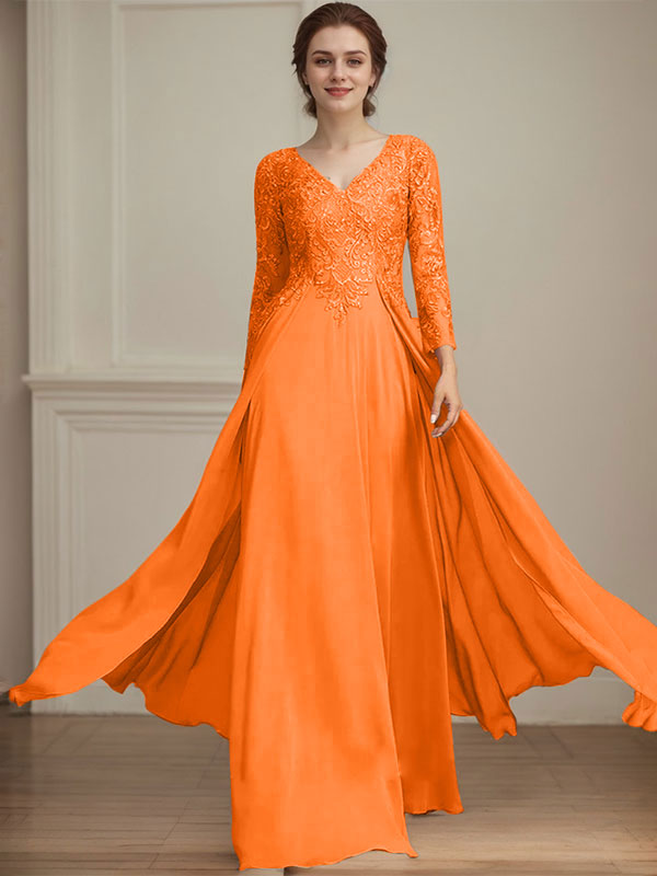 Vestido de madre de la novia de gasa con encaje, escote en V y lentejuelas, largo hasta el suelo