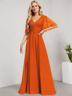 Vestido de madre de la novia de gasa con encaje, escote en V y lentejuelas, largo hasta el suelo