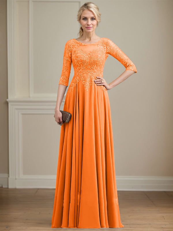 Vestido de gasa con encaje y lentejuelas para madre de la novia, corte A, escote ilusión, largo hasta el suelo