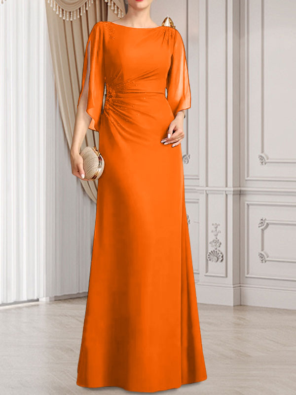 Vestido de gasa para madre de la novia con corte tubo/columna, escote redondo y largo hasta el suelo, con cuentas plisadas