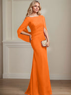 Vestido de madre de la novia de gasa con escote barco, corte trompeta/sirena, largo hasta el suelo, con pliegues