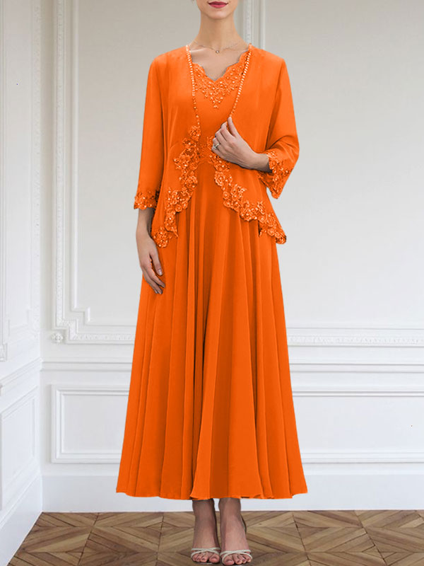 Vestido de gasa para madre de la novia, corte A, escote en V, largo hasta los tobillos, con apliques de lentejuelas, encaje y cuentas