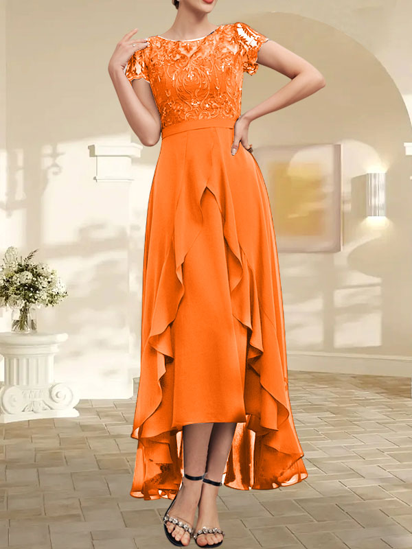 Vestido de madre de la novia de gasa asimétrica con escote en A, ilusión, encaje, lazo, volante y lentejuelas