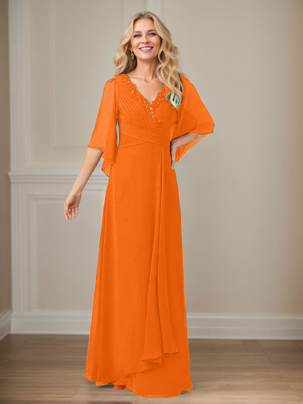Vestido largo de gasa con lentejuelas y escote en V en forma de A para madre