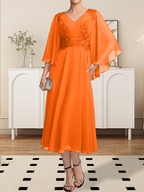 A-Linie V-Ausschnitt Wadenlanges Chiffon-Spitzenkleid für die Brautmutter mit Perlen und Pailletten