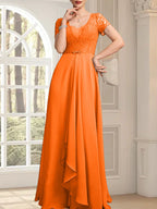 Vestido de madre de la novia de gasa con encaje, corte en A, escote corazón, largo hasta el suelo, con volantes en cascada y cuentas