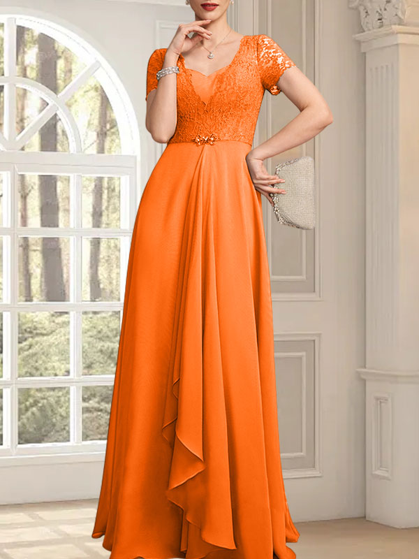 Vestido de madre de la novia de gasa con encaje, corte en A, escote corazón, largo hasta el suelo, con volantes en cascada y cuentas