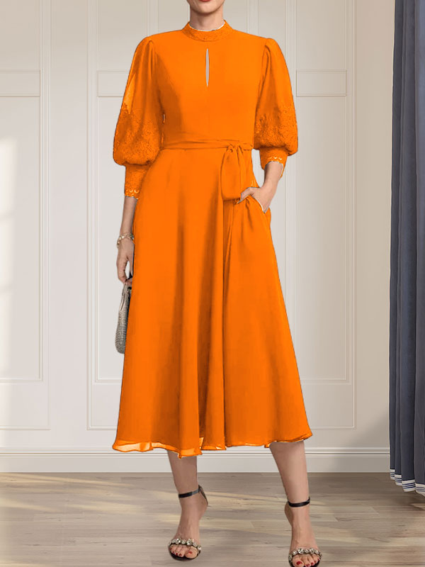 A-line High Neck Tea-Length Lace Chiffon Mother of the Bride Dress With Bow