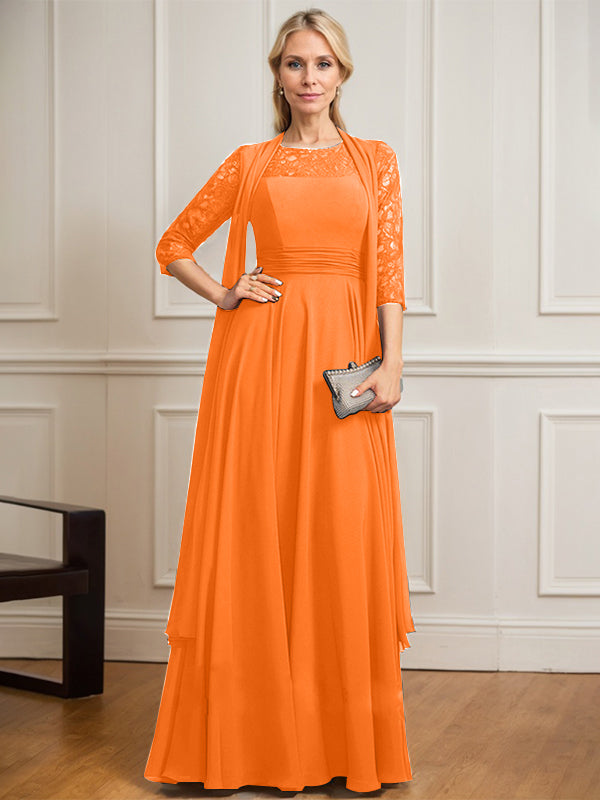 Vestido de gasa de encaje con ilusión de corte A hasta el suelo para madre de la novia con pliegues