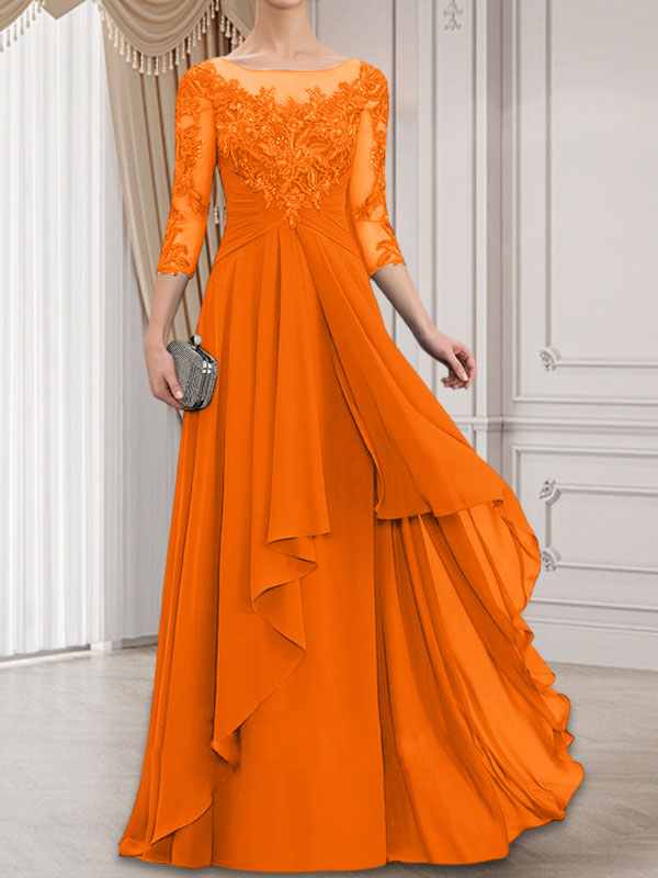 Vestido de gasa con encaje, corte A, escote ilusión, largo hasta el suelo, para madre de la novia con volantes en cascada