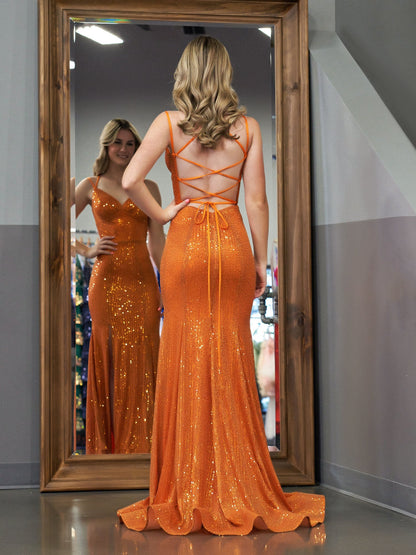 Emaree | Sparkly Mermaid V Neck Sequins Long Prom Dresses with Slit