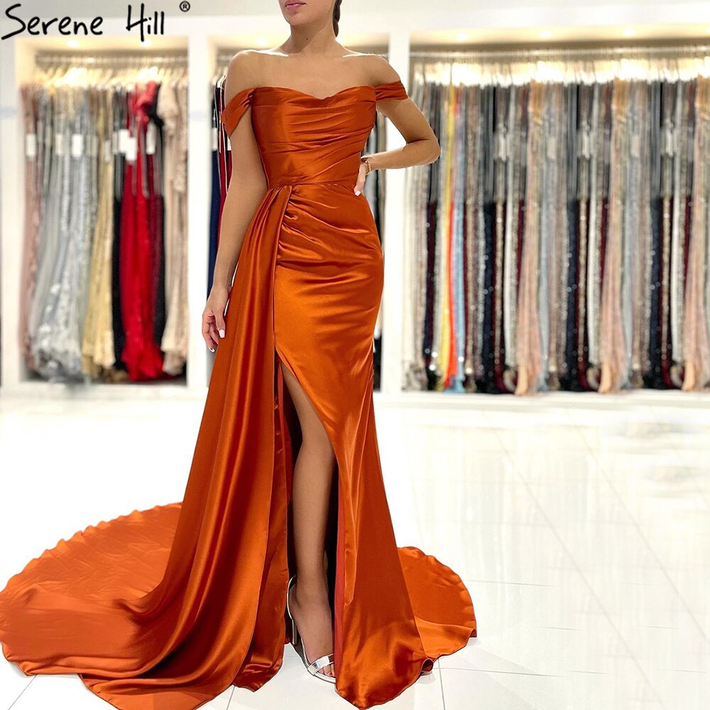 Vestido de noche naranja sencillo de sirena con abertura alta, satén, elegante y sexy, para mujer, fiesta, LA71422 