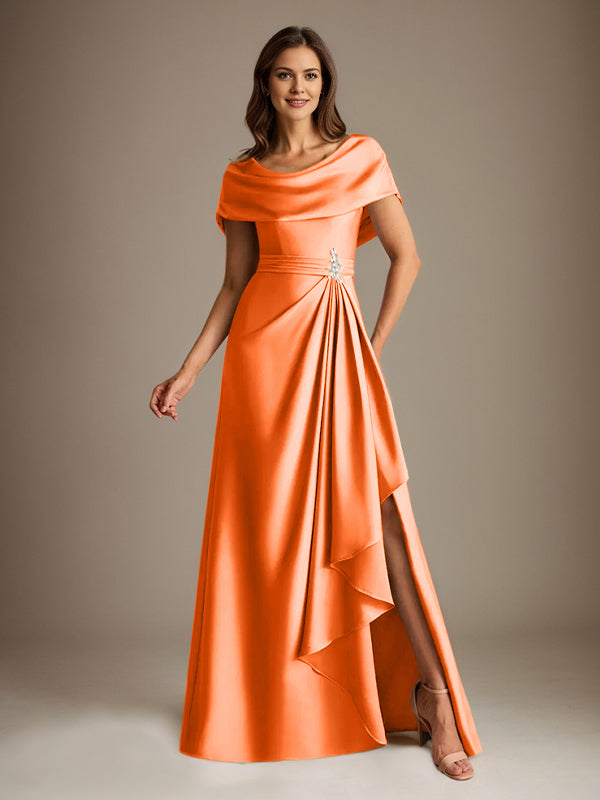 Vestido de madre de la novia de satén elástico, corte A, largo hasta el suelo, con escote redondo y volantes en cascada