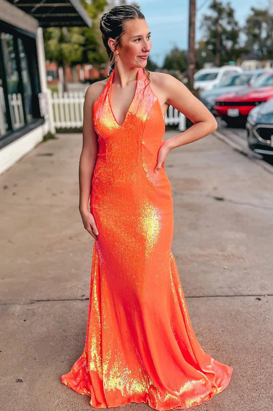 Orange Meerjungfrau Neckholder Pailletten Ballkleid SYP143