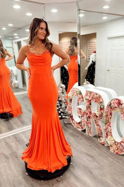 Stretchy Satin Mermaid Spaghetti Straps Prom Dresses With Train