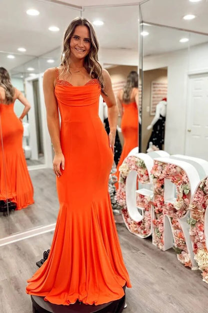 Stretchy Satin Mermaid Spaghetti Straps Prom Dresses With Train