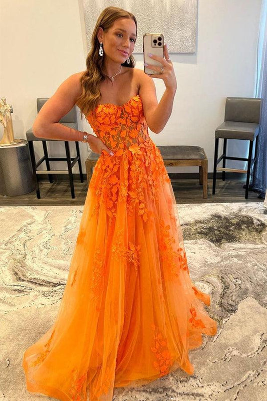 Orangefarbenes langes Ballkleid aus Tüllspitze Orangefarbenes Abendkleid aus Tüll PSK366
