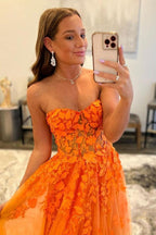 Vestido de fiesta largo de tul naranja con encaje Vestido de noche de tul naranja PSK366
