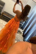 Vestido de fiesta largo de tul naranja con encaje Vestido de noche de tul naranja PSK366