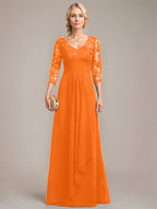 A-Linie V-Ausschnitt Bodenlanges Spitzen-Chiffon-Kleid für die Brautmutter mit kaskadierenden Rüschen und Pailletten 