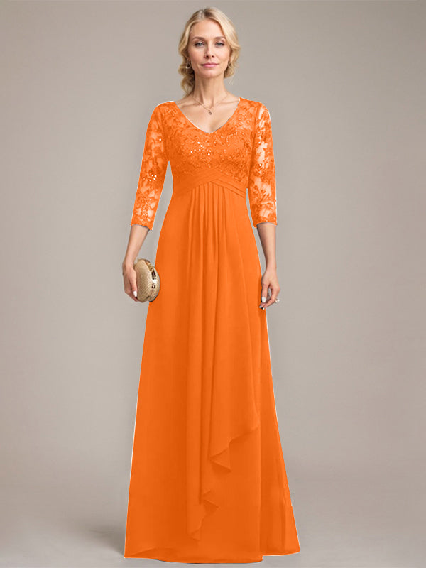 Vestido de madre de la novia de gasa con encaje, escote en V, largo hasta el suelo, con volantes en cascada y lentejuelas
