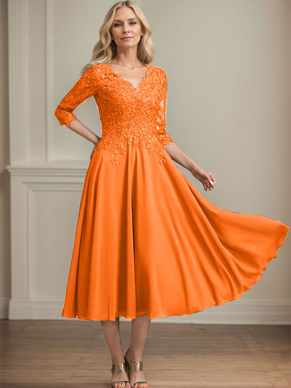 Vestido de gasa con encaje y escote en V para madre de la novia, largo hasta la rodilla, con lentejuelas y abalorios