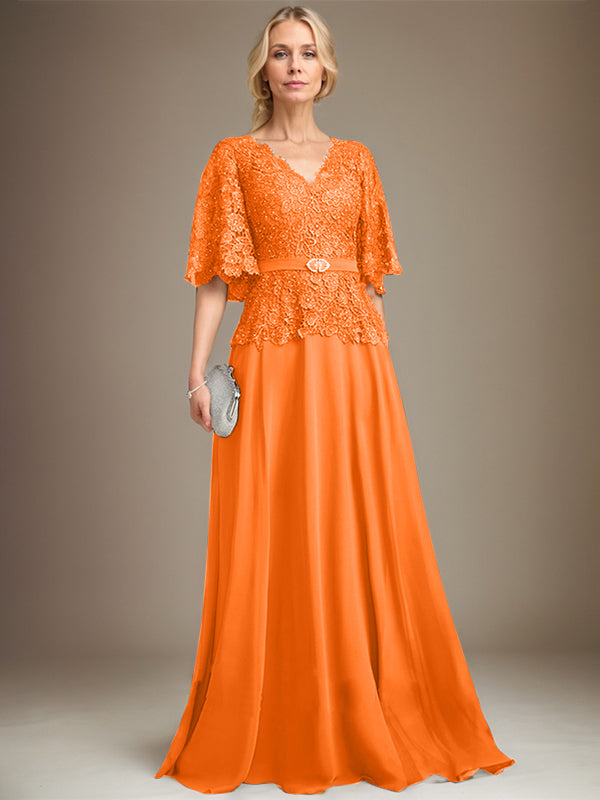 A-Linie V-Ausschnitt Bodenlanges Chiffon-Spitzenkleid für die Brautmutter mit Kristallbrosche und Strass 