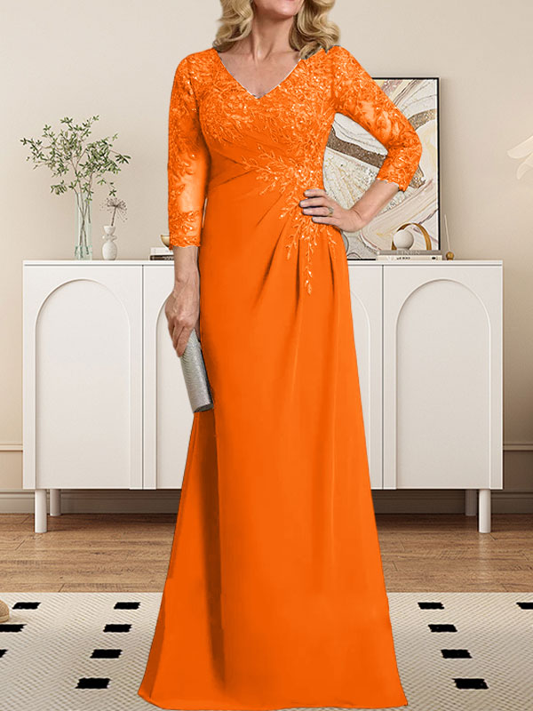 Vestido de madre de la novia de gasa con encaje, escote en V, ilusión, largo hasta el suelo, con lentejuelas plisadas