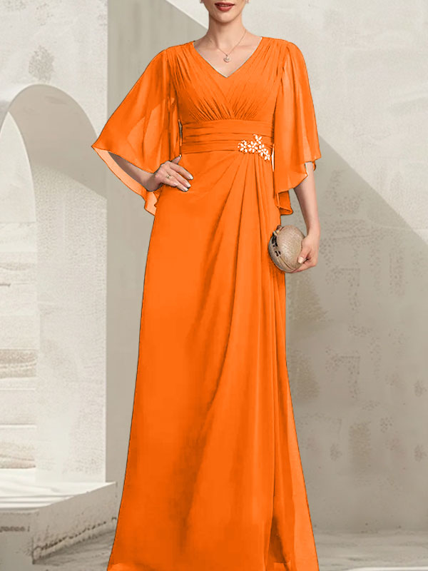 Etui-Linie/Säule V-Ausschnitt Bodenlang Chiffon Kleid für die Brautmutter mit Plissee Pailletten Perlenbesatz