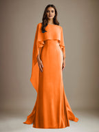 Vestido de gasa para madre de la novia, largo hasta el suelo, con escote barco y corte tubo/columna y volantes en cascada