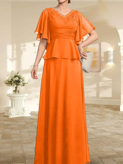 A-Linien-Kleid aus Chiffon mit V-Ausschnitt und bodenlangem Schnitt für die Brautmutter mit plissierten Perlen