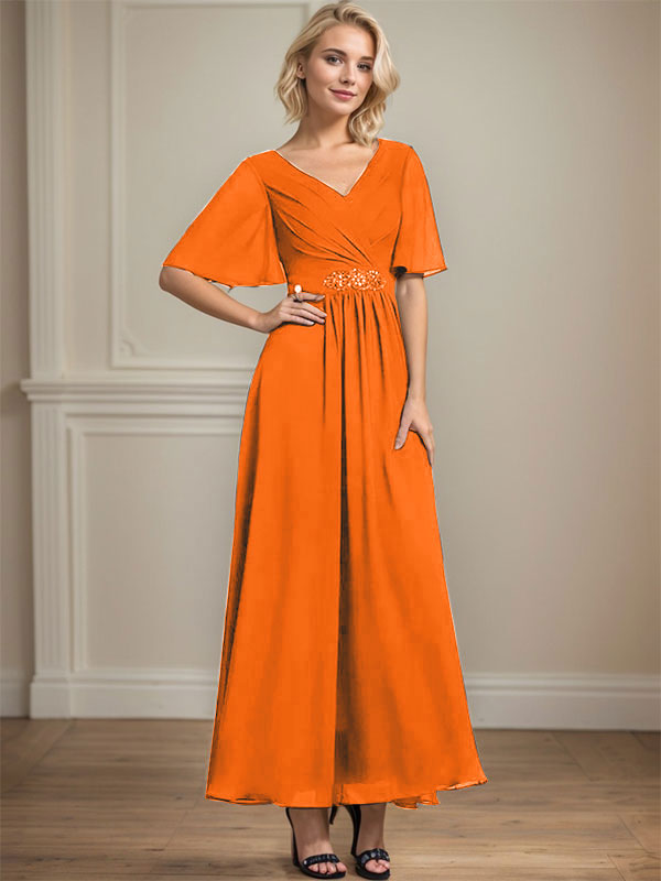 Vestido de gasa para madre de la novia con escote en V, largo hasta los tobillos, corte A y lentejuelas plisadas con cuentas